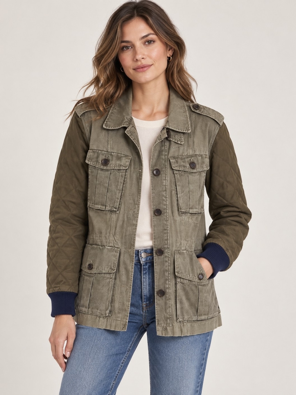 J. Crew Olive Quilted-Sleeve Utility Jacket - Navy Cuff Detail